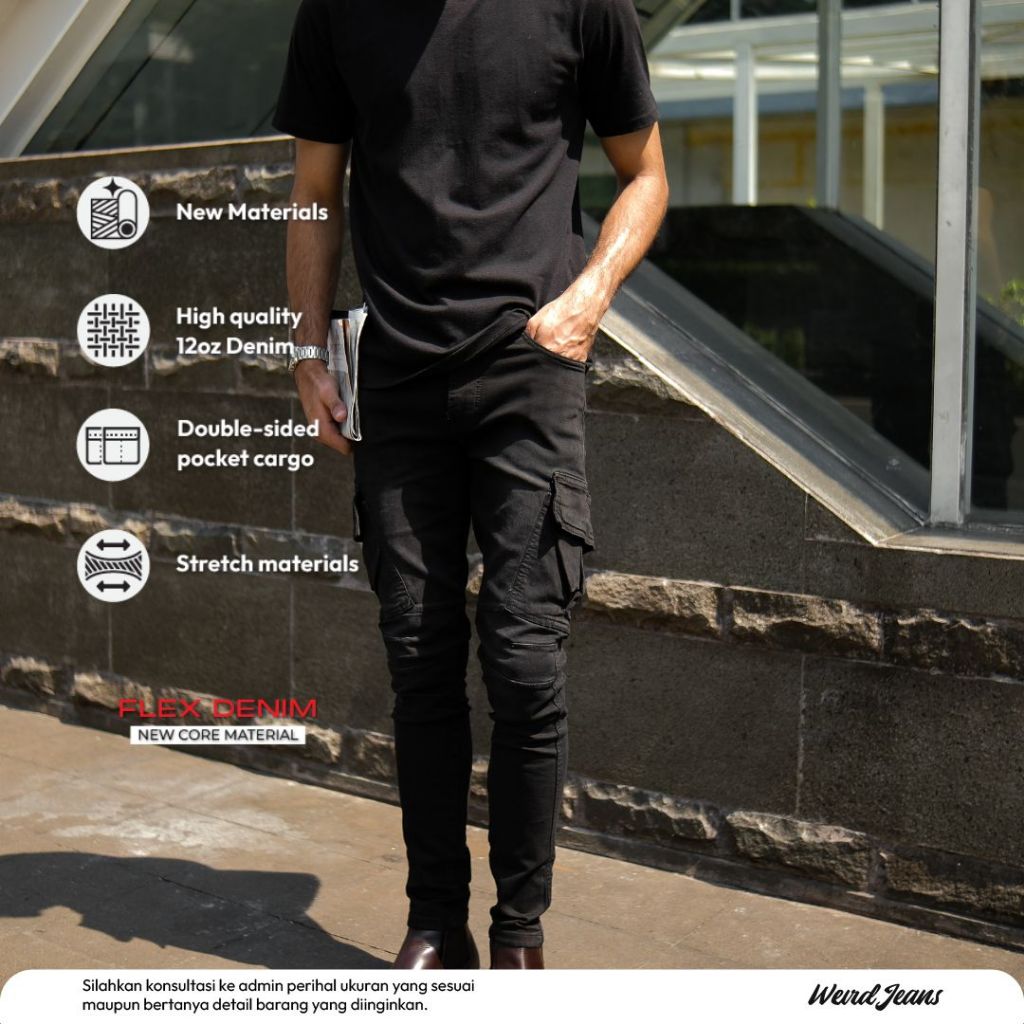 Weird Jeans - Cargo Milano Black - Celana Jeans Cargo Denim Panjang Pria Skinny Fit Hitam Pekat