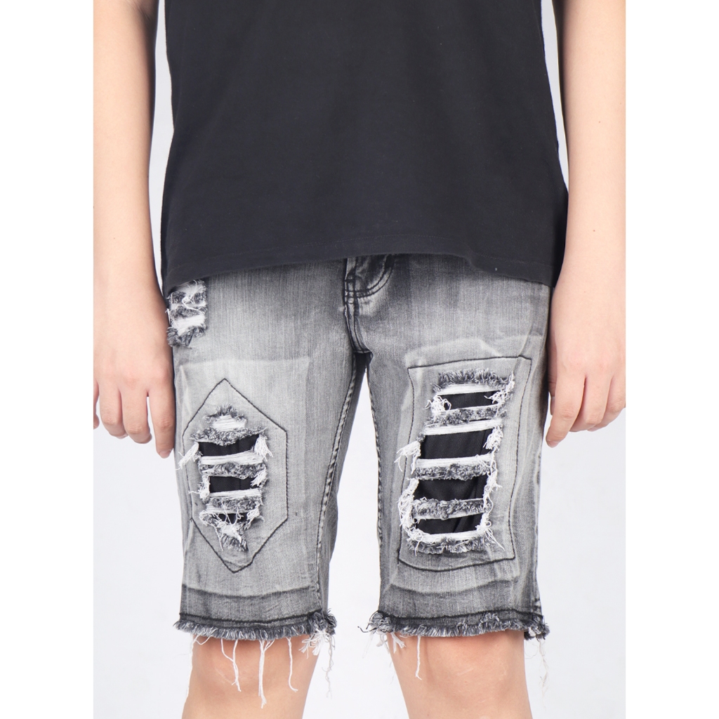 Weird Jeans - Summer Grey - Celana Jeans Pendek Pria Strech Ripped Sobek Tambalan Leather Kulit - Image 7