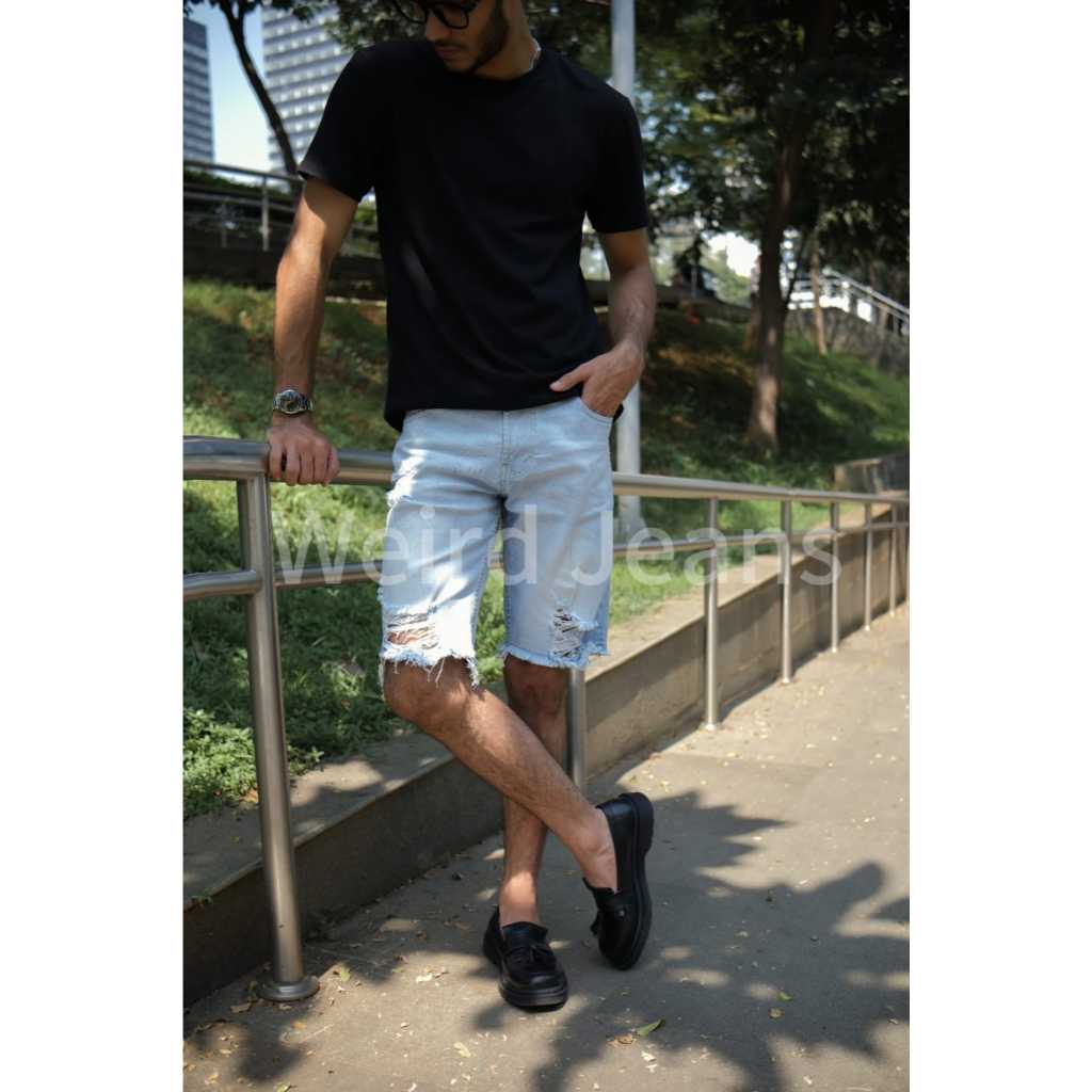 Weird Jeans - SH Polar Blue - Celana Jeans Pendek Pria Slim Fit Skinny Strech Ripped Biru Terang Nyaman - Image 2