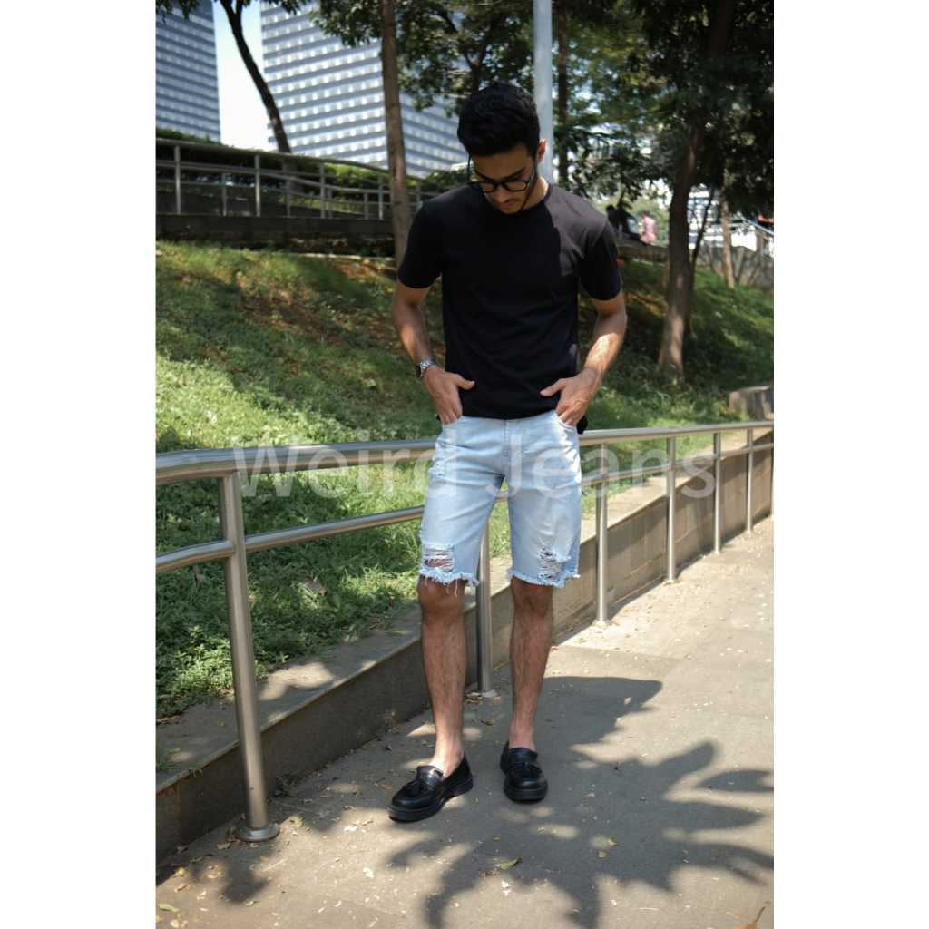 Weird Jeans - SH Polar Blue - Celana Jeans Pendek Pria Slim Fit Skinny Strech Ripped Biru Terang Nyaman - Image 3