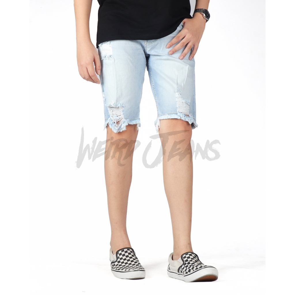 Weird Jeans - SH Polar Blue - Celana Jeans Pendek Pria Slim Fit Skinny Strech Ripped Biru Terang Nyaman - Image 6
